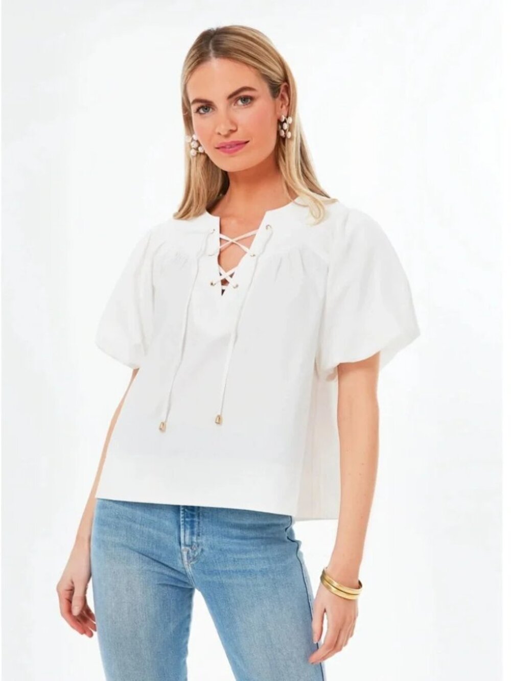 Pomander Place Tuckernuck Robbie White Puff Sleeve Tie Front Top XS